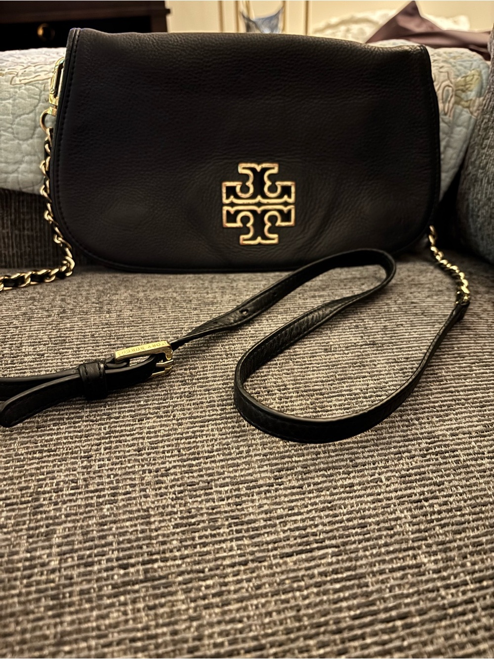 Tory Burch Britton Black Pebbled Leather Fold-Over Crossbody Gold Chain